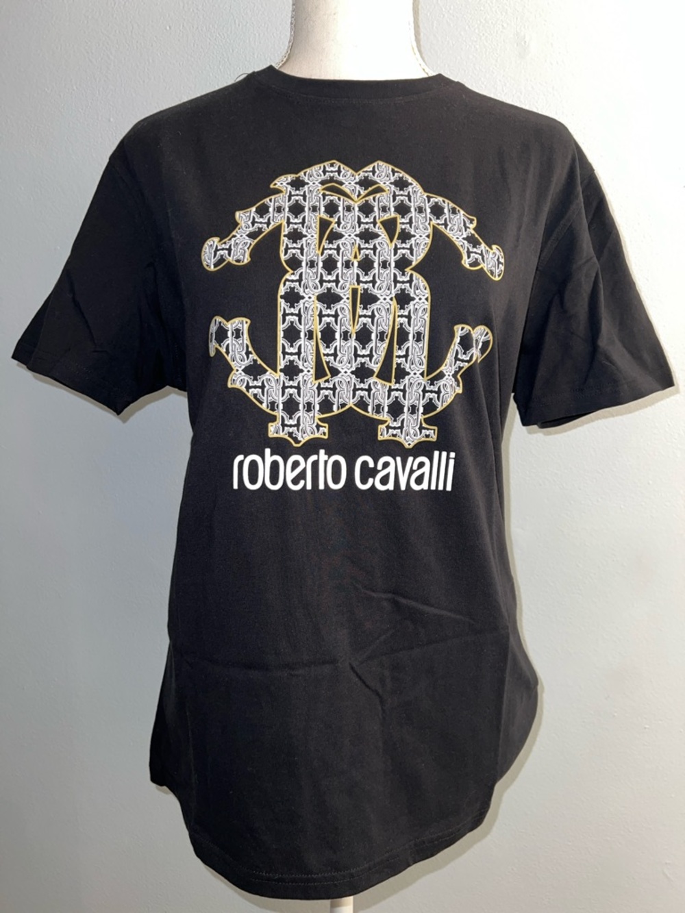 Roberto Cavalli Black T-Shirt with White and Gold Logo